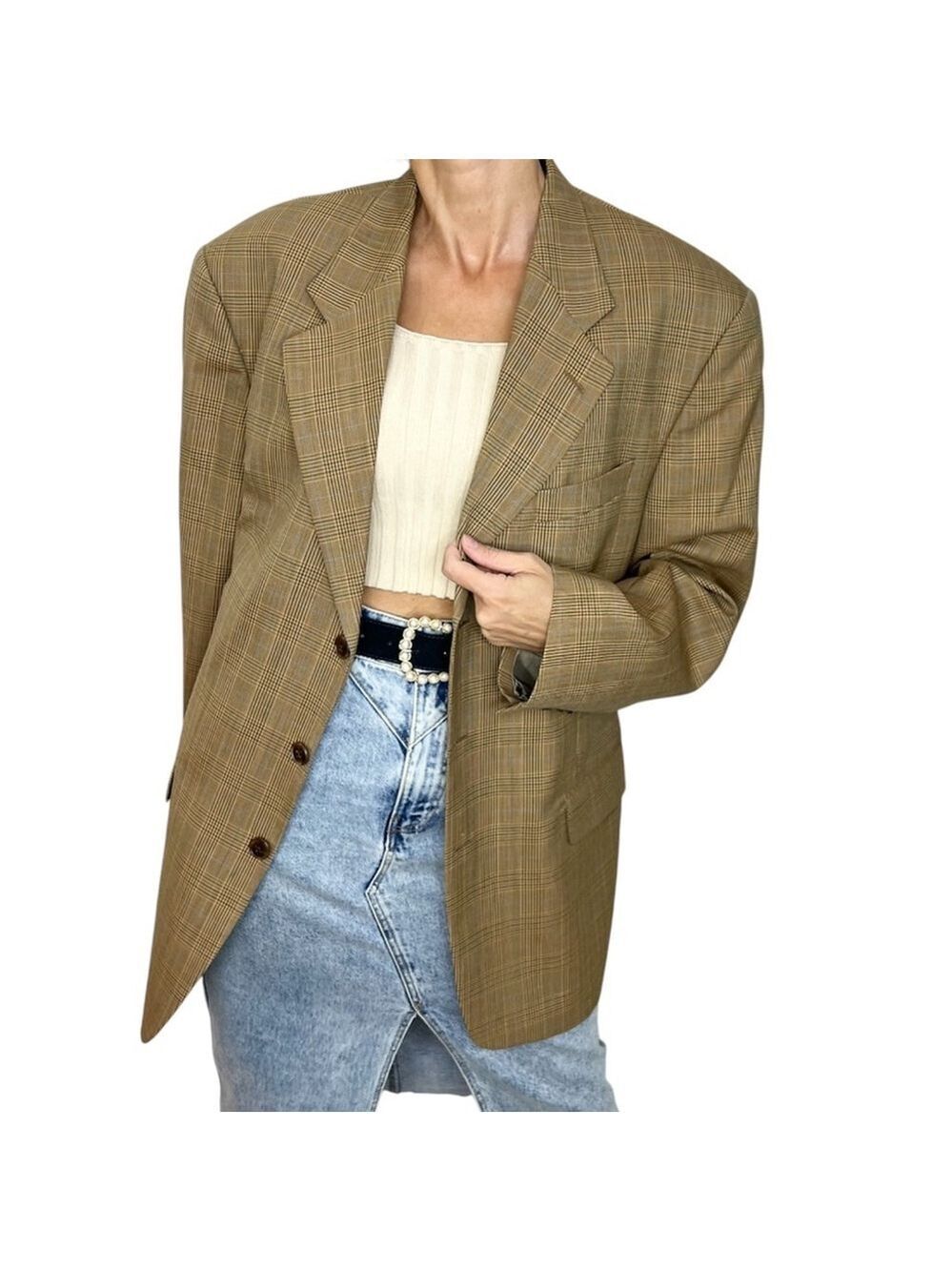 Vintage Aquascutum London 100% wool designer brown plaid oversized blazer jacket